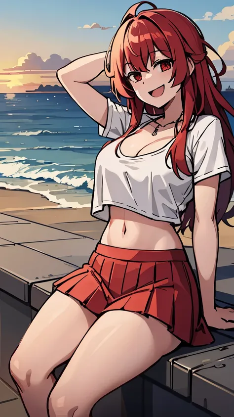 beach，seaside，Sunset，8k resolution，long red hair，red eyes，white shirt，Red pleated skirt，happy expression