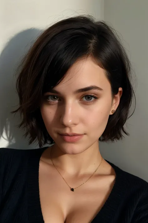 instagram photo, 21yo french woman, short hair, black hair, closeup portrait, sweater, cleavage, pale, hard shadows