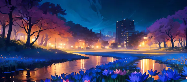 masterpiece, concept art, wide shot panoramic, a pond filled with lots of Himalayan Blue Poppys, city building in the background, cgsociety, nocturnal palette, standing on a lotus, (epic composition, epic proportion), rio de janeiro in an anime film, refle...