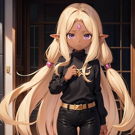 Elf, tan, blonde hair, pink eyes, long hair, hair drills, short, black shirt, long sleeves, black pants, kuudere, dark skin, gem in forehead, emotionless, expressionless, apartment, different eye colors