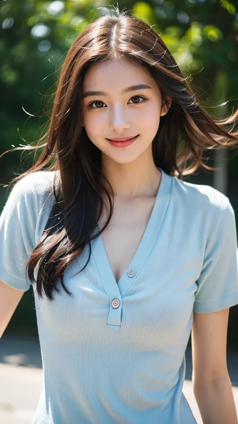 ((best image quality、RAW shooting、masterpiece:1.3))、(casual hairstyles、super detail large、hair swaying in the wind):1.3)、super detailed face、delicate eyes、double eyelid、(innocent smile:1.4)、soft chest、smile gently、(E cup girl、23 years old, Looks 19 years o...