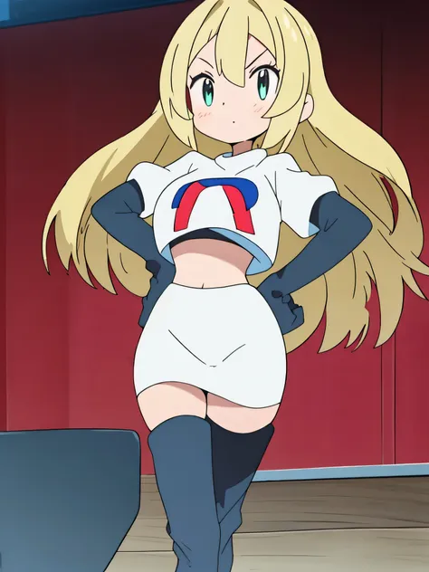 1girl in, (solo:1.2), (perfect body:1.1), (best quality:1.1), , very large breast, hands on hip,team rocket uniform, red letter ...