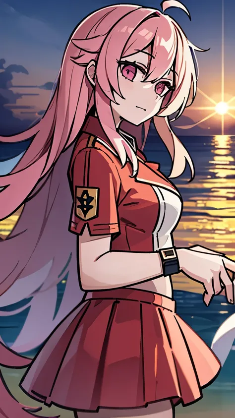 beach，seaside，Sunset，8k resolution，pink long hair，pink eyes，Uniforms，lol