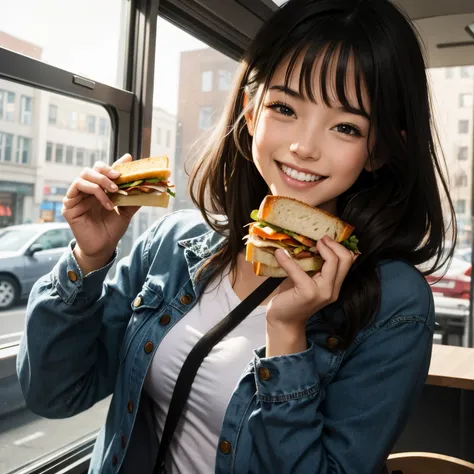 Girl enjoying sandwich happy 