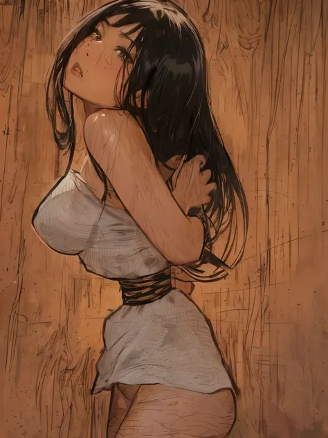 ((masterpiece)), ((best quality)), (ultra-detailed), torture room,(((rope strongly bound waist))),a cute girl, 1girl, solo,camisole,beautiful black hair, (beautiful black eyes), long hair, expression of agony