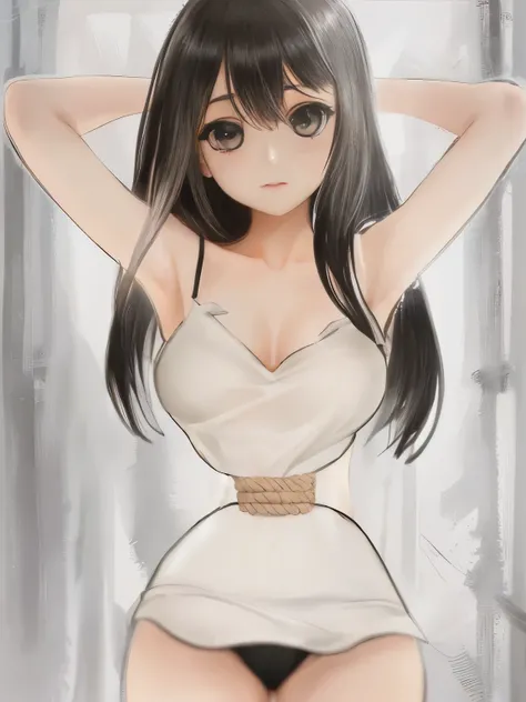 ((masterpiece)), ((best quality)), (ultra-detailed), torture room,(((rope strongly bound waist))),a cute girl, 1girl, solo,camisole,beautiful black hair, (beautiful black eyes), long hair, expression of agony