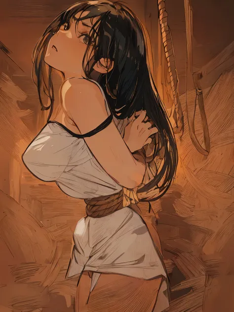 ((masterpiece)), ((best quality)), (ultra-detailed), torture room,(((rope strongly bound waist))),a cute girl, 1girl, solo,camisole,beautiful black hair, (beautiful black eyes), long hair, expression of agony