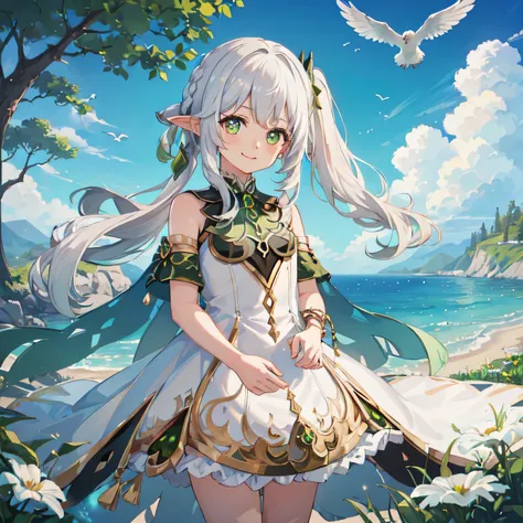 (RAW photo,best quality,high quality, masterpiece:1.2),1girl,,young face,young girl,Nahida(genshin impact),cross shaped pupils,default dress,green cape,white hair,smile,Blue sky, doves in the sky, tree branches