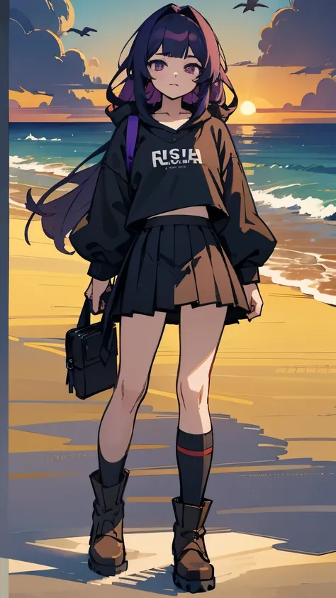 beach，seaside，Sunset，long purple hair，purple eyes，Black sweatshirt，black pleated skirt，black knee socks，black martin boots，8k resolution