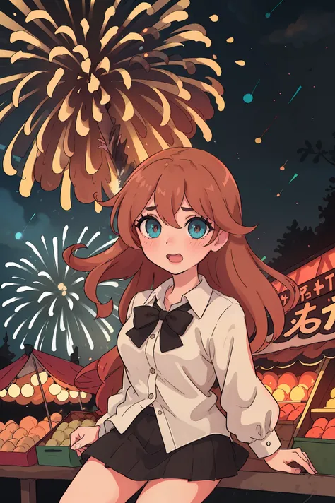 1girl, high_quality, 8k, masterpiece, (round_pupil:1.2), vivid_colors, (high_quality_eyes:1.2), 
(night_city_market:1.2), (night:1.2), (fireworks:1.2),
looking_at_viewer, embarrassed,
blushed, embarrassed,
(brown_shirt:1.2), (black_skirt:1.2),
hips,
ADDBAS...