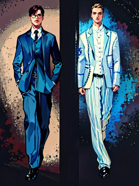 Two men in suits, Detailed clothes,  High detail of clothing, Fashion Designs,  clothing concept, Detailed fashion illustration, Very detailed and rich costumes,