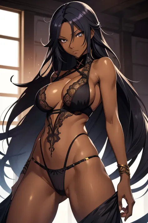 yoruichi shihouin, bleach, dark skin, long hair, gold eyes, ((detailed eyes:1.2)), large breasts, wearing lingerie, sexy, sensual, sleeveless, sideboob, underboob, masterpiece, top quality, best quality, official art, beautiful and aesthetic:1.2), extreme ...