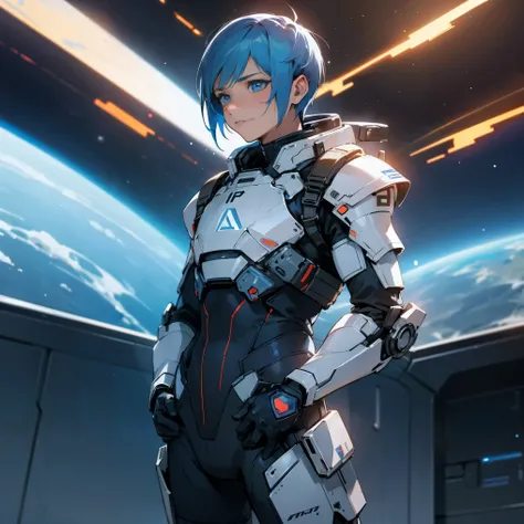 1male, adult, finely detailed blue eyes, faded haircut, mass effect space armor, war paint, bandolier across chest, jetpack, standing with hands in pocket, standing in space hanger