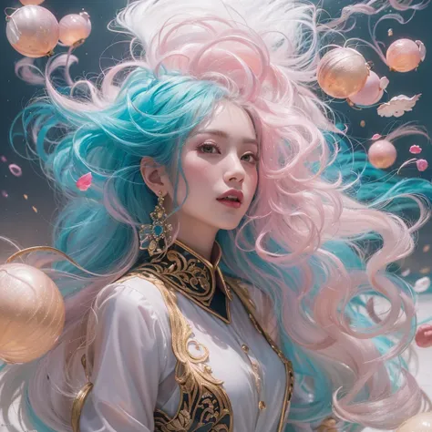 Goose pink blue color,enamel,agate,A flesh-colored world,Blood Blue Girl 32K(masterpiece,HD,Aoyama Pond,Ultra high quality,32)long flowing bright blue hair,blood pool,Ziddink, a color,Grumpy (After greeting), (Linen scarf), fighting stance, looking at the ...