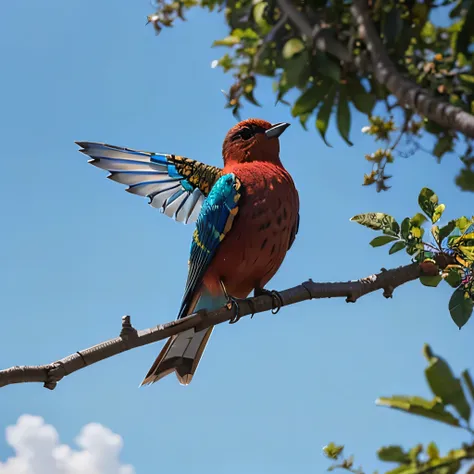 A beautiful glass made bird with colorful wings sitting on a tree with blue sky