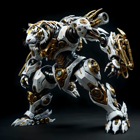 full view, pure black background, there is a white and yellow tiger mecha standing on the ground.，get into fighting stance, mech...