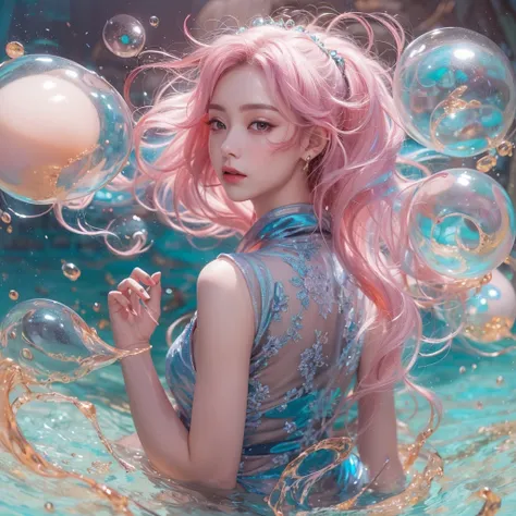 Goose pink blue color，enamel，agate，A flesh-colored world，Blood Blue Girl 32K（masterpiece，HD，Aoyama Pond，Ultra high quality，32）long flowing bright blue hair，blood pool，Ziddink， a color，Grumpy （After greeting）， （Linen scarf）， fighting stance， looking at the ...