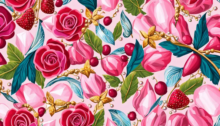 Seas of PEARLS (ALOT OF PEARLS) In the (PINK BACKGROUND)— ocean breeze, sun-bleached driftwood, and a touch of salty sea air. ((GOLDEN stars)) colorful tropical bird, flamingo, ((WHITE pearls)) jewels, ((WHITE butterfly)), ((GREEN LEAFY FLORA)), (strawberr...