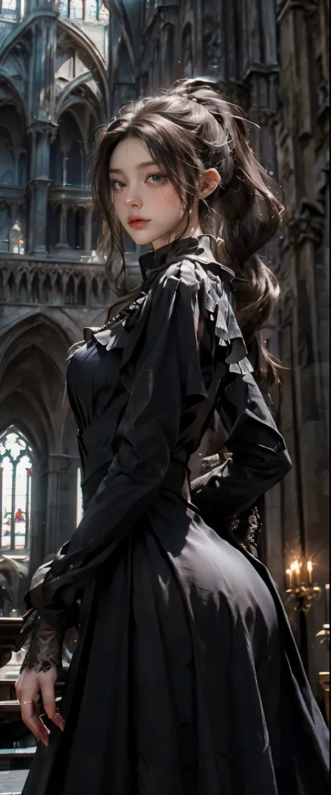 masterpiece, highest quality, High resolution, photorealistic, High resolution, Raw photo, ((Largest Gothic building in Italy, Milan Cathedral))、((1girl, Young woman in gothic dress, detailed face and eyes, beautiful face, ponytail, shiny skin, realistic s...