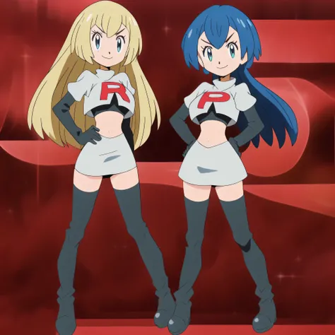 8k, anime screencap,1girl in, (solo:1.1), (perfect body:1.1), (best quality:1.1), very large breast, team rocket uniform, red letter r, white skirt,white crop top,black thigh-high boots, black elbow gloves, evil smile, looking down at viewer, hands on hips...