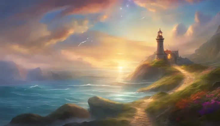 (best quality,4k,8k,high resolution,masterpiece:1.2), Super detailed, (actual,photoactual,photo-actual:1.37), lighthouse, hope, beam, distant, wave, Sky, mod, Belief, Dream, illuminated, sea breeze, guiding spirit, The vastness of the ocean, Beacon, strong...