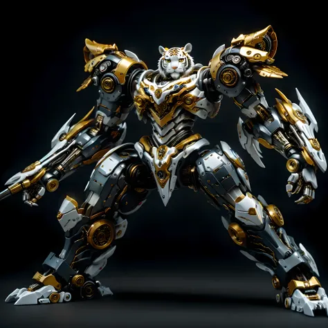 full view, Pure black background, There is a white and yellow Tiger mecha standing on the ground.，Get into fighting stance, Mechanical tiger head and body composed of ultra-precision mechanical parts, Electronic, and metal armor. (Well-designed, high detai...