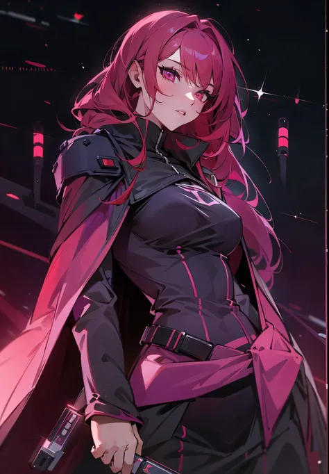 1Female, Adult, Perfect Generation, Masterpiece Quality, Red Hair, Long Hair, Pink Eyes, Dark Background, Sith Clothing, Star Wars, Scar on eye, 