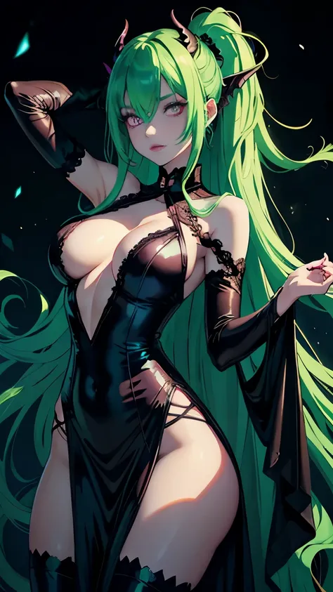 Beautiful demon girl, unusual bright eyes, hypnotizing eyes, unusual pupils, unusual shape of eyes, silk, blacker lighting, incredibly beautiful, Soft light, dressed in silk, Lots of details, full-length, Neon green Hair, Bright Hair, Silk dress, a lot of ...