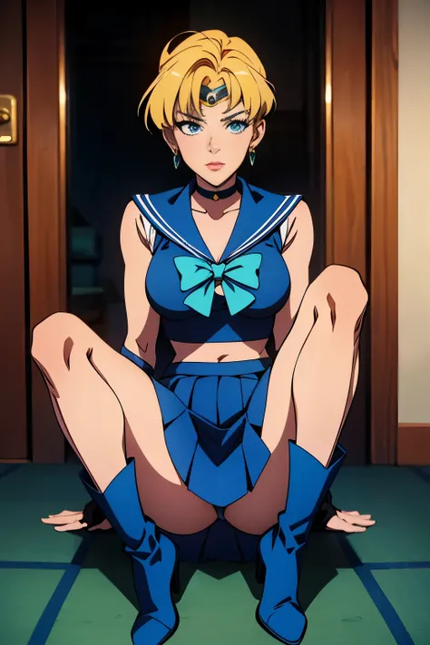 Sailor Uranus,blonde hair,blue choker,blue footwear,blue sailor collar,blue skirt,boots,choker,circlet,earrings,gloves,jewelry,magical girl,plant,sailor collar,sailor mercury,sailor senshi uniform,sailor uranus,short hair,skirt,solo,star choker,tiara,very ...