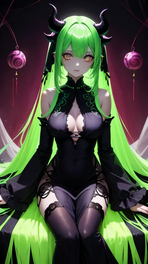 Beautiful demon girl, unusual bright eyes, hypnotizing eyes, unusual pupils, unusual shape of eyes, silk, blacker lighting, incredibly beautiful, Soft light, dressed in silk, Lots of details, full-length, Neon green Hair, Bright Hair, Silk dress, a lot of ...