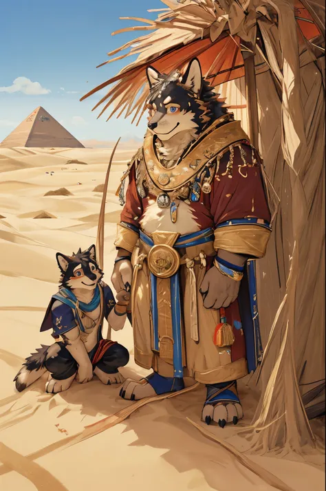 top quality, best quality, High-quality illustrations, masterpiece, super high resolution, detailed background, detailed background, desert, sand dunes, pyramid, Traditional costumes, group shot:0.2, 6+boys, 6+girls, Happy, joyful, absurdres(highly detaile...