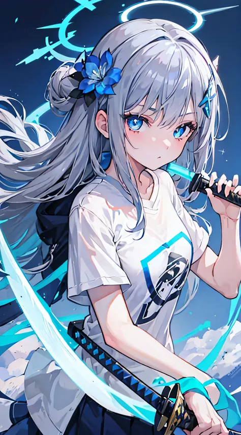 1girl, young girl, t - shirt, glowing blue eyes, grey hair, long hair, blue flower hair ornament, halo, ultrasharp, 8k, looking ...