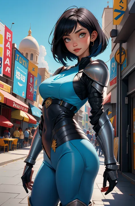 ((comic style)), amazing artwork, mujer tatuada de pelo azul, hermosa sonrisa en su hermoso rostro, wears tight armor ((peinado ...