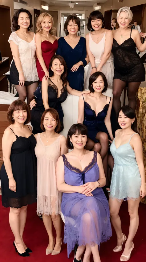 (((60 years old)))、(((6+women)))、(((long body)))、((group photo)),(((looking at the camera)))、((full body esbian))、(((negligee)))...