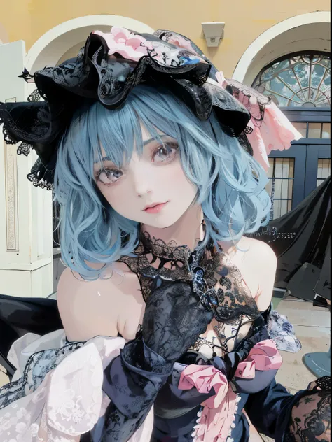 blue hair alphaphy girl, black dress and pink hat, magical lolita girl portrait, anime girl cosplay, 1 7 - year old anime goth girl, gothic otome anime girl, fairy core, dreamy gothic girl, blue skin, , anime cosplay, Beautiful blue hair girl, lolita style...