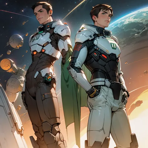 1male, adult, finely detailed green eyes, brown hair color, tapered faded haircut, mass effect space armor, war paint, bandolier across chest, jetpack, standing with hands in pocket, standing in space hanger