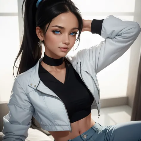 (best quality, highres, realistic:1.37), sexy woman, black hair, ponytail, seductive look, sexy smile, blue crop top, white jacket and pants, sultry pose, detailed eyes and face, long eyelashes, vibrant colors, soft lighting