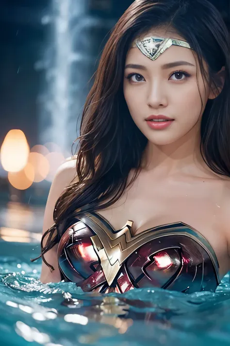 Its raining heavily,heavy rain,water dripping、Inside the fountain，wet wonder woman、drenched wonder woman,wet hair,wet body、splash of water，water dropletasterpiece、1 beautiful girl、fine eyes、puffy eyes、highest quality, 超High resolution, (reality: 1.4), movi...