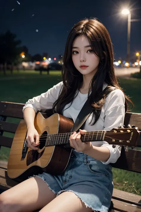 one beautiful woman。dark brown hair。She sits on a park bench on a moonlit night、Singing with a guitar in hand。