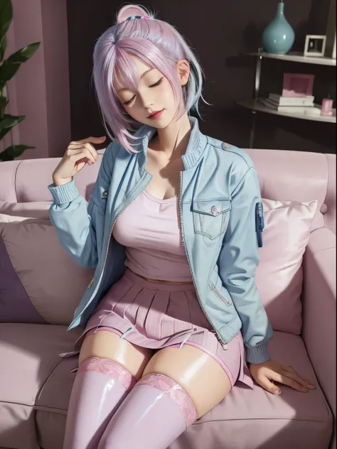 1girl, pastel, cracked dyed hair, light blue hair, pink hair, smile, teeth, skirt, sitting, couch, huge breasts, blush, pastel lipstick, unzipped jacket, eyes closed, head tilt, stockings