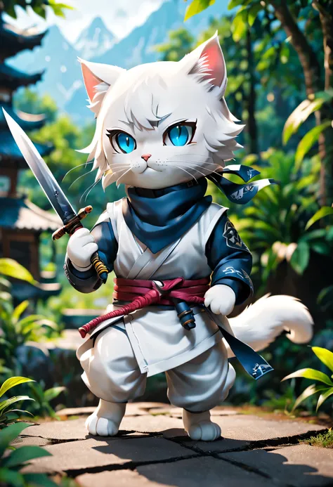 full body esbian、cool white cat、pop white cat、diorama、simple background、background white、bandana、ninja、holding a knife in your h...