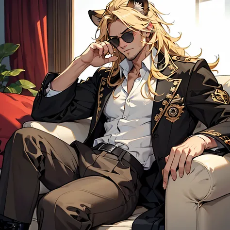 Black jacket, ((one male)), lion ears, long hair, blond, blond hair, green eyes, tall, muscular, white shirt, ((beautiful face)), ((highest quality)), ((masterpiece)), ((2d)), (anime), perfect face, (((highest detail))), feline eyes, stubble, lion tail, wa...