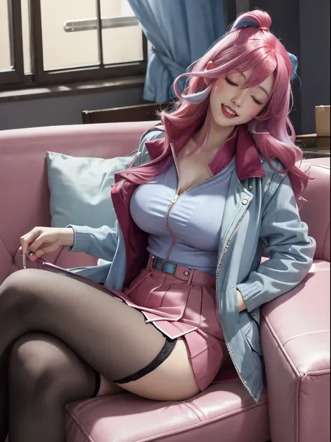 1girl, pastel, cracked dyed hair, red hair, blue hair, smile, teeth, skirt, sitting, couch, huge breasts, blush, pastel lipstick, unzipped jacket, eyes closed, head tilt, stockings, heavy makeup, skinny