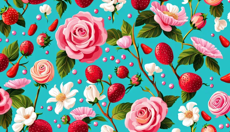 Seas of freshness with the FIREWORK in the (CYAN BACKGROUND)— ocean breeze, sun-bleached driftwood, and a touch of salty sea air. colorful pearls, jewels, ((butterfly)), ((WHITE PEARL)), (strawberry), pink rose || (embroidery) seamless pattern, fruit, butt...
