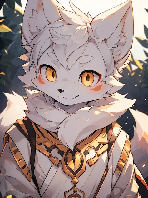 (best picture quality),(masterpiece),(((the only person))),(Super detailed),(male arctic fox:1.5), (white skin:1.3), hairy,(white fur:1.3),((golden pupils)) ,(gray ears),(hairy 动物 耳朵s),((Wearing a Chinese white robe),natural lighting,complex background,Det...