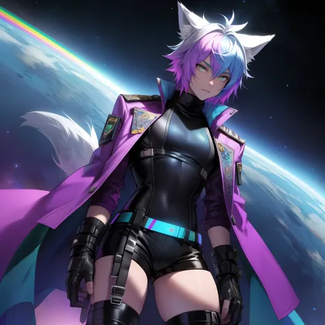 a short, skinny, galactic space young boy wearing a leather rainbow trench coat with a peacock insipired design, has wolf ears and a wolf tail, wide hips, thick thighs, long flowing rainbow gradient colored sparkly hair, twink, has feint blue aura, has cro...