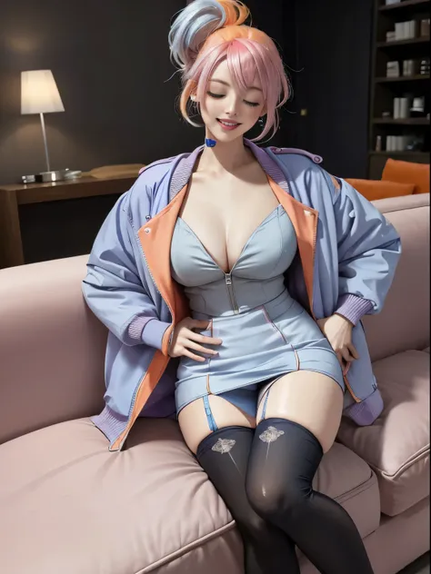 1girl, pastel, cracked dyed hair, orange and blue hair, smile, teeth, skirt, sitting, couch, huge breasts, blush, pastel lipstick, unzipped cropped jacket, eyes closed, head tilt, stockings, heavy makeup, skinny, avante garde hairstyle