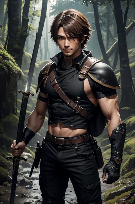 8K,Young man with flashy brown medium bob hair(24-years-old),Challenging atmosphere,muscular slim body,super realistic skin,Violent and strongly cracked abdominal muscles,black combat uniform,white inner shirt,black combat pants,Carrying a large and long J...