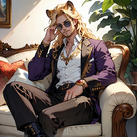 Purple and gold paisley jacket, ((one male)), lion ears, long hair, blond, blond hair, green eyes, tall, muscular, white shirt, ((beautiful face)), ((highest quality)), ((masterpiece)), ((2d)), (anime), perfect face, (((highest detail))), feline eyes, stub...