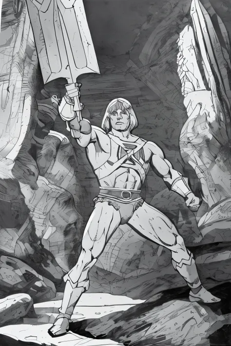 He-man holding up his sword, rocks surrounding him. monochrome
greyscale, ComplexLA style